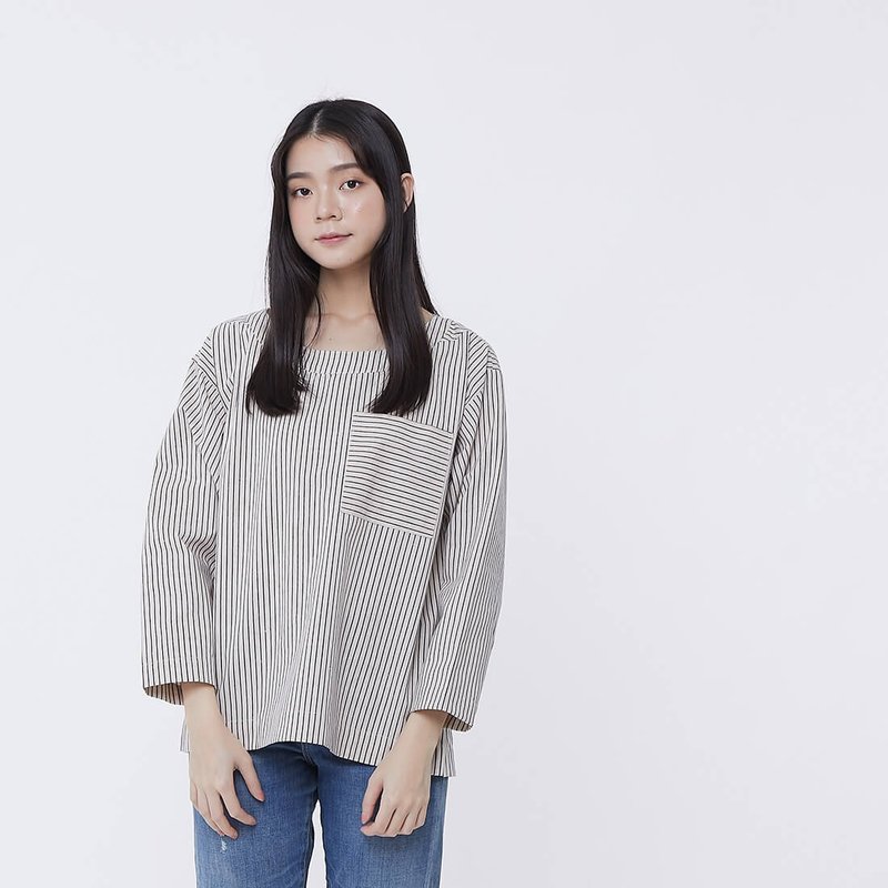 Eva棉麻条纹口袋极简上衣/亚麻 - 女装上衣 - 棉．麻 卡其色