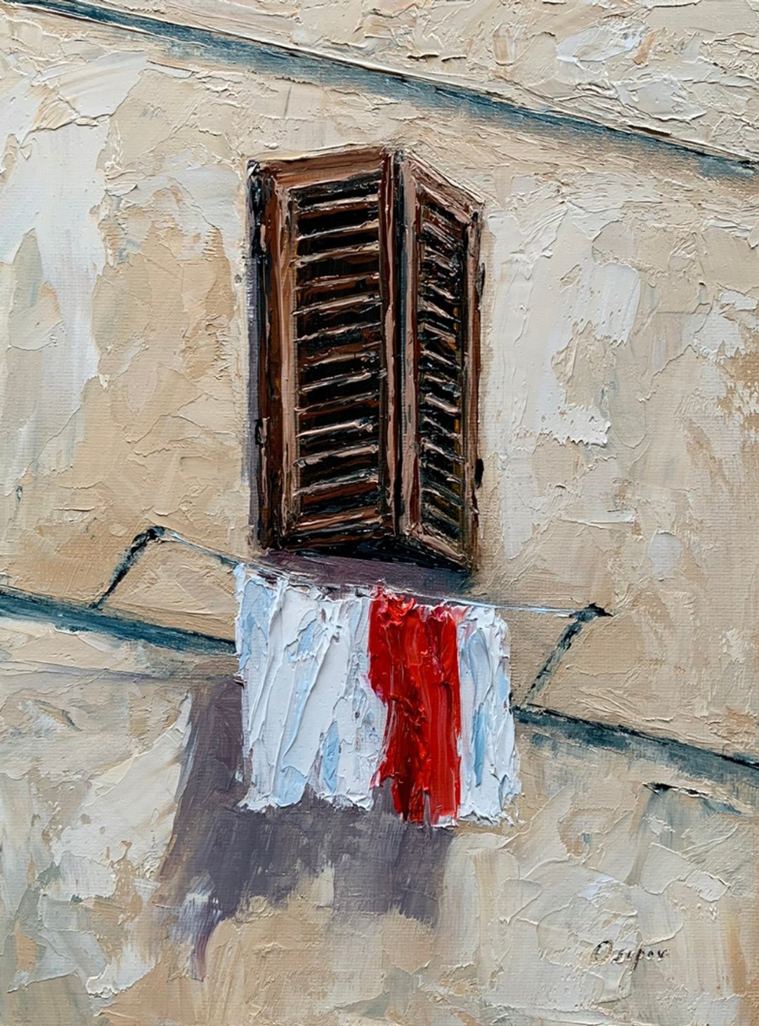 Original Oil Landescape On Canvas Italy Painting Window Landscape Impasto Art - 墙贴/壁贴 - 棉 多色