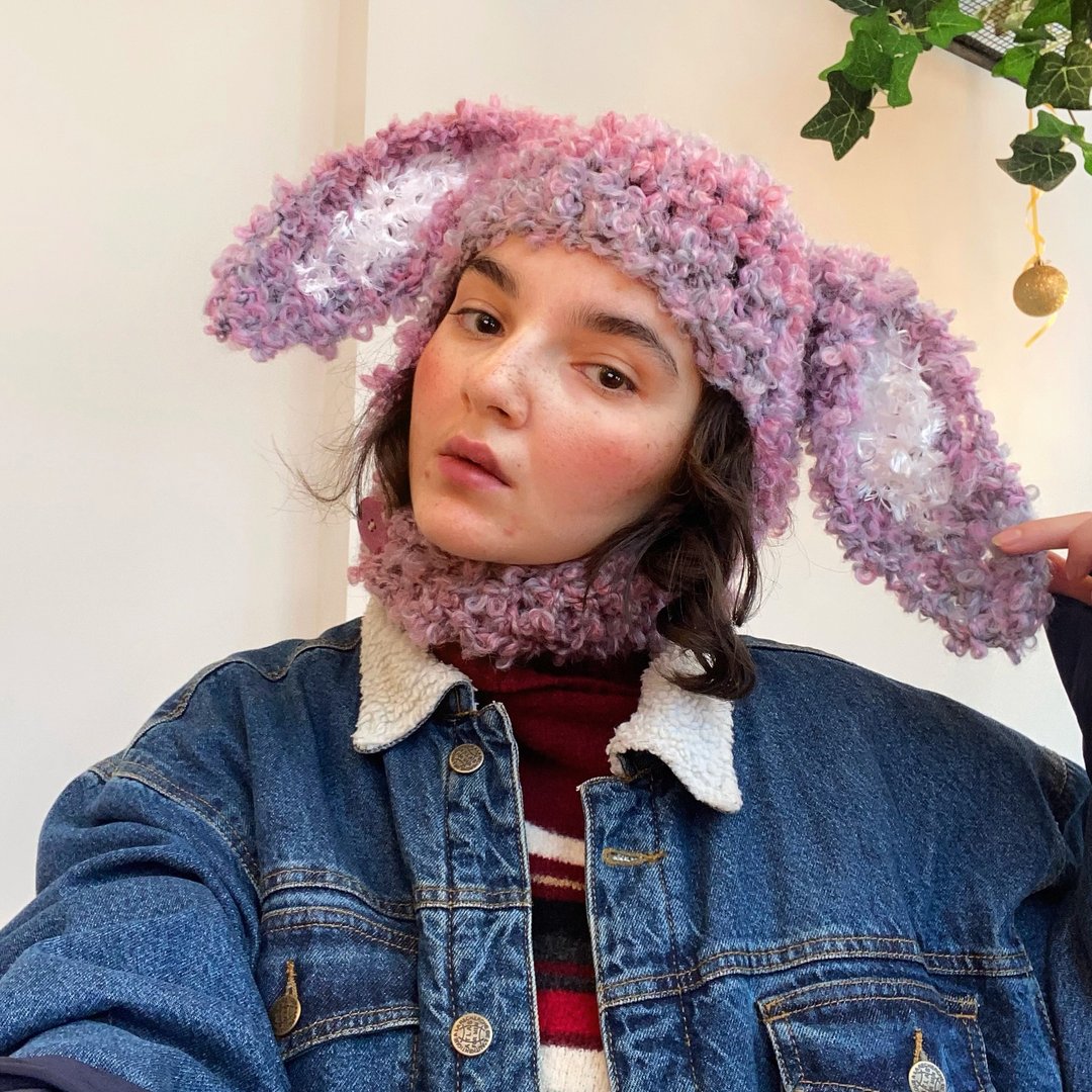 balaclava bunny with ears, knit mohair beanie, crochet balaclava - 帽子 - 羊毛 粉红色