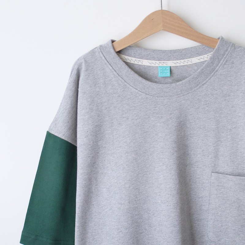 短版 宽松落肩 纯棉 素面 口袋Tee - 深绿*麻灰 - 女装 T 恤 - 棉．麻 绿色