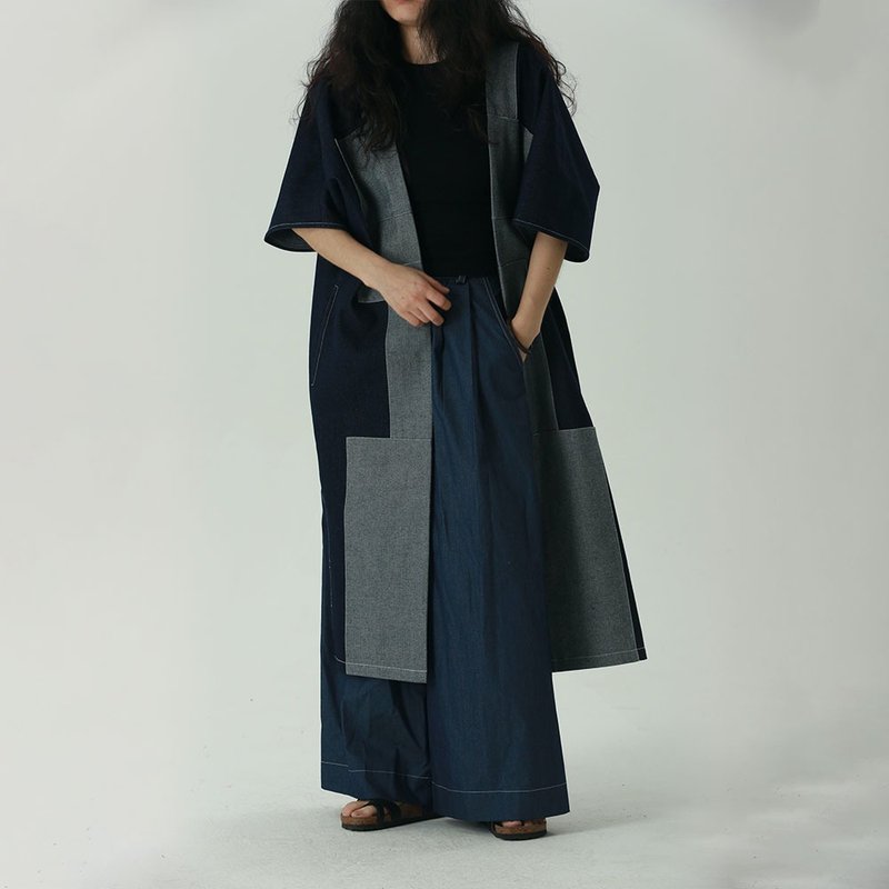 日系中長款直筒牛仔開衫 | 復古補丁拼塊 | 水洗原色設計 - 女装休闲/机能外套 - 棉．麻 黑色