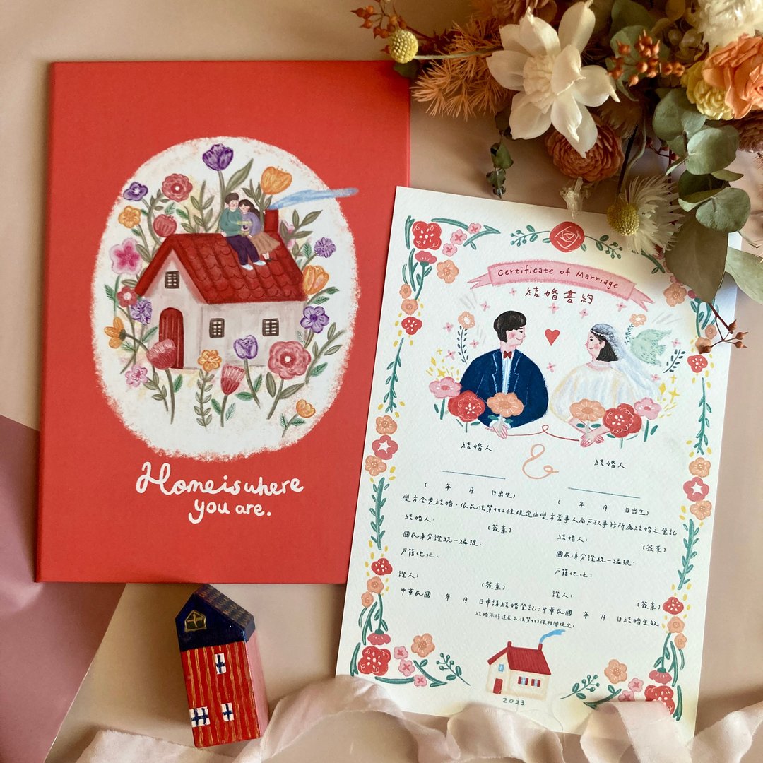 【快速出货】结婚书约组 - 幸福短发红色房子 含书夹 可爱插画 异性 - 婚礼誓言书 - 纸 红色