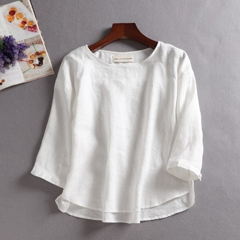 f8051720 简约百搭亚麻七分袖衬衫上衣 - 女装上衣 - 棉．麻 