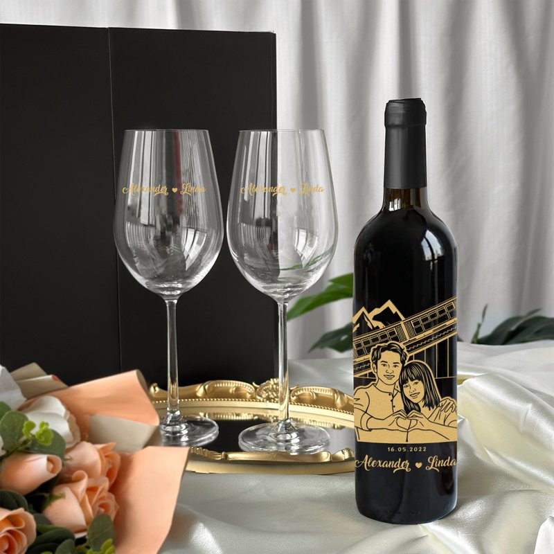 情侣礼物|纪念无酒精红酒套装 周年礼物 单支双杯定制化套装 结婚 - 果汁/蔬果汁 - 玻璃 
