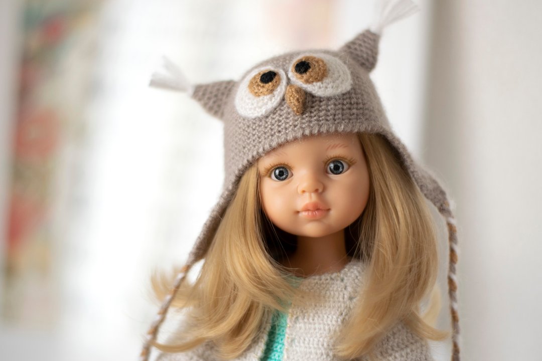 Knit hat for doll Paola Reina, Siblies, Corolle, Little Darling, owl hat, 针织帽 - 玩具/玩偶 - 羊毛 灰色