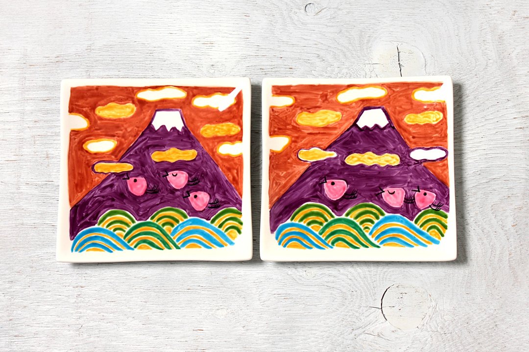 Mt. Fuji, wave plover, orange sky, square plate - 浅碟/小碟子 - 瓷 橘色