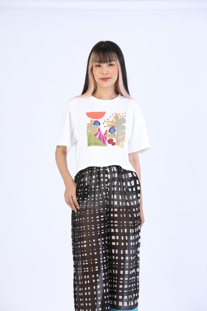 T-Shirt Crop Cotton Digital Print Screen - 女装上衣 - 棉 白色