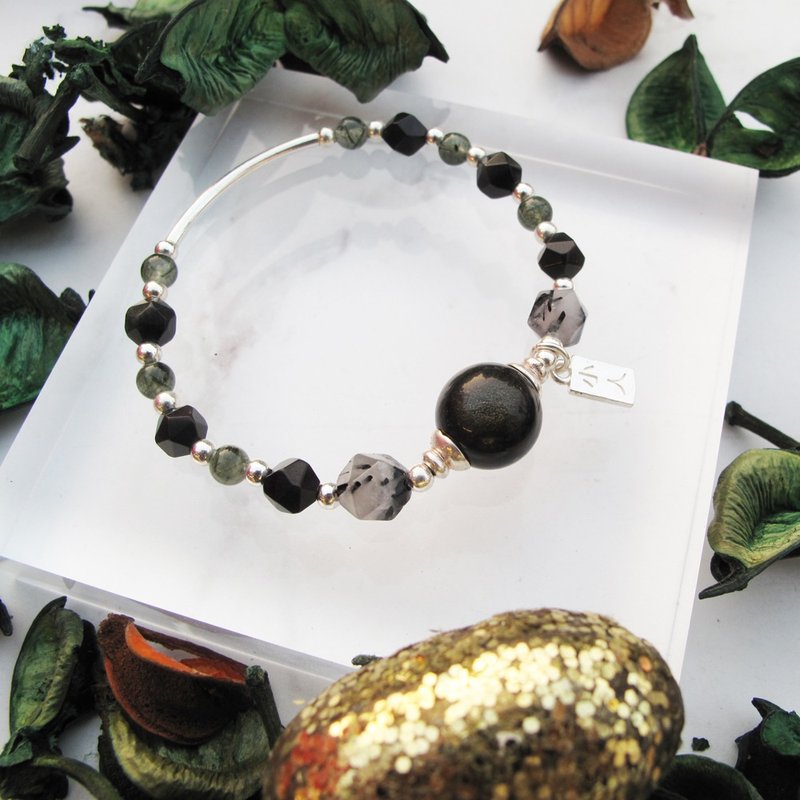 【水晶手串】小人退散|黑曜石x绿发晶x黑发晶 水晶手链|大员囡仔 - 手链/手环 - 纯银 黑色