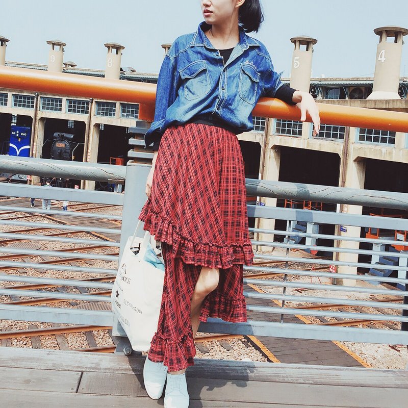 不规则剪裁长裙 苏格兰 西班牙斗牛裙风格 - 裙子 - 棉．麻 红色