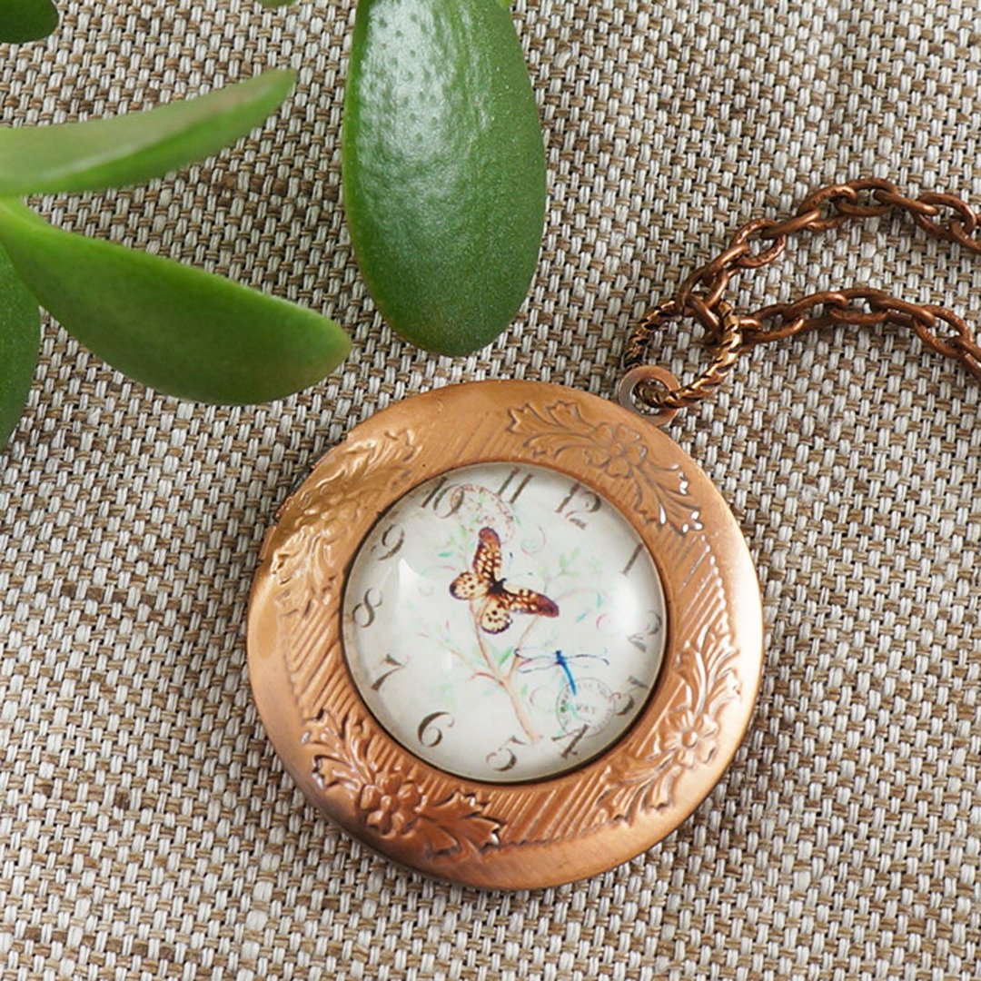 Butterfly Copper Round Photo Locket Keepsake Pendant Necklace Woman Jewelry Gift - 项链 - 玻璃 咖啡色