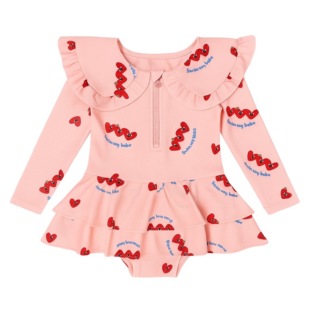 Heart Friends Ruffled Swimsuit - 泳衣/游泳用品 - 聚酯纤维 粉红色