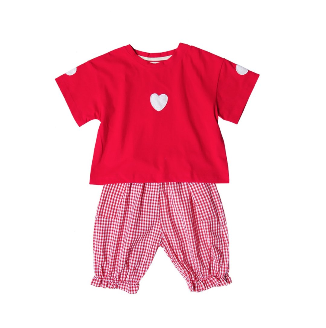 童装-心心红色T恤 T-shirt / 红色碎格纹长裤- imakokoni kids - 童装上衣 - 棉 白色