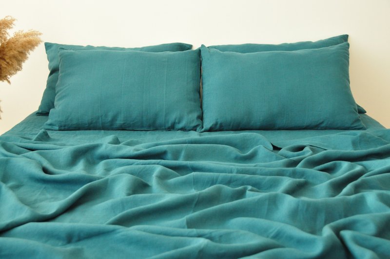 Teal linen sheet set / Flat+fitted sheet+2 pillowcases / Blue bedding - 寝具 - 亚麻 蓝色