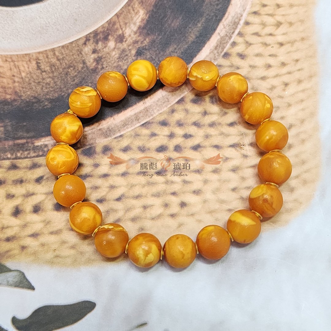 【腾彪琥珀】天然老白花蜜蜡手链・10mm 雾砂・附鉴定证书及保卡 - 手链/手环 - 半宝石 橘色