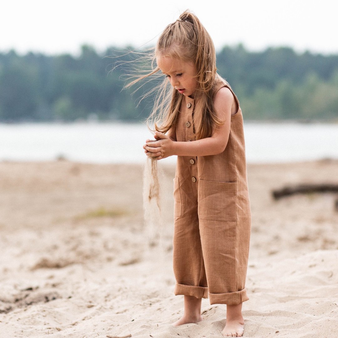 Linen Jumpsuit, Unisex Kids Clothing, Children Overall for Girls and Boys - 童装礼服/连衣裙 - 亚麻 咖啡色