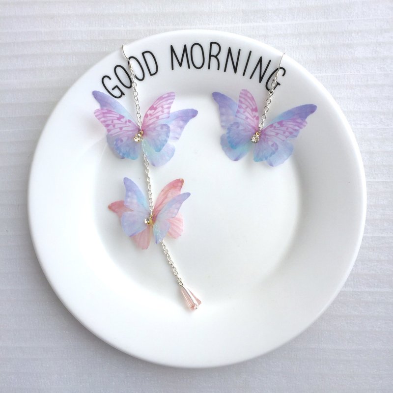 ❤️【耳夾/耳針】❤️原創手工真絲薄紗蝴蝶耳環粉色耳環珍珠耳環水鑽耳環櫻花耳環 - 耳环/耳夹 - 其他材质 粉红色