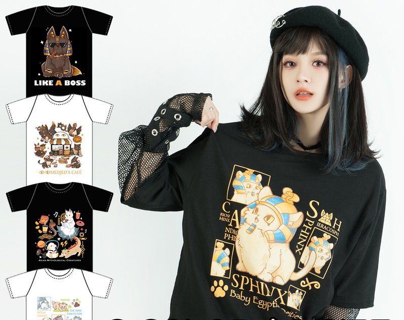 原创香港绘师芝麻埃及神明宝宝神兽派对宽松短袖T恤【JJ4057】 - 男装上衣/T 恤 - 棉．麻 