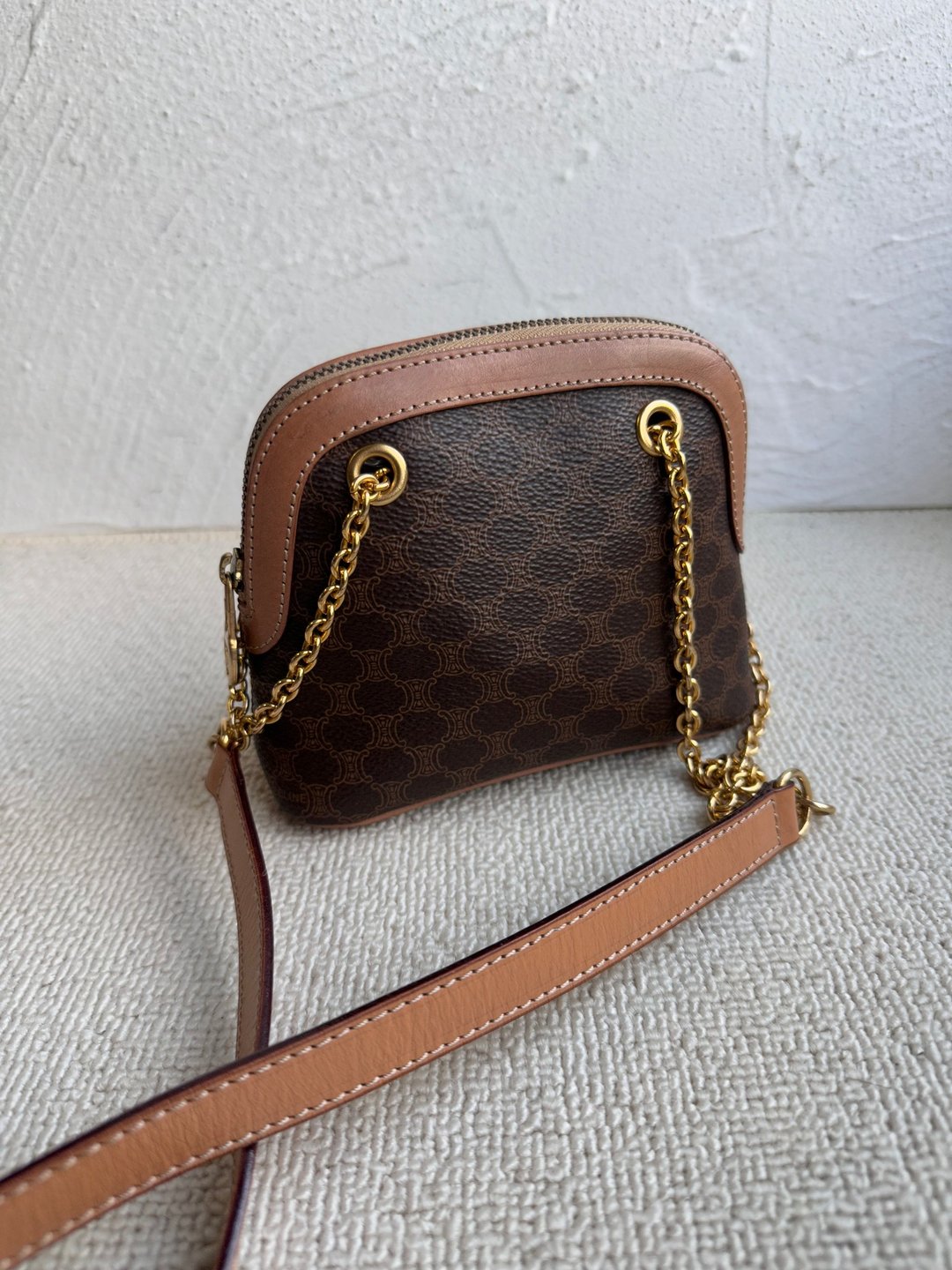 稀有中古包Vintage Celine 棕花链条迷你小贝壳链条包 - 侧背包/斜挎包 - 防水材质 