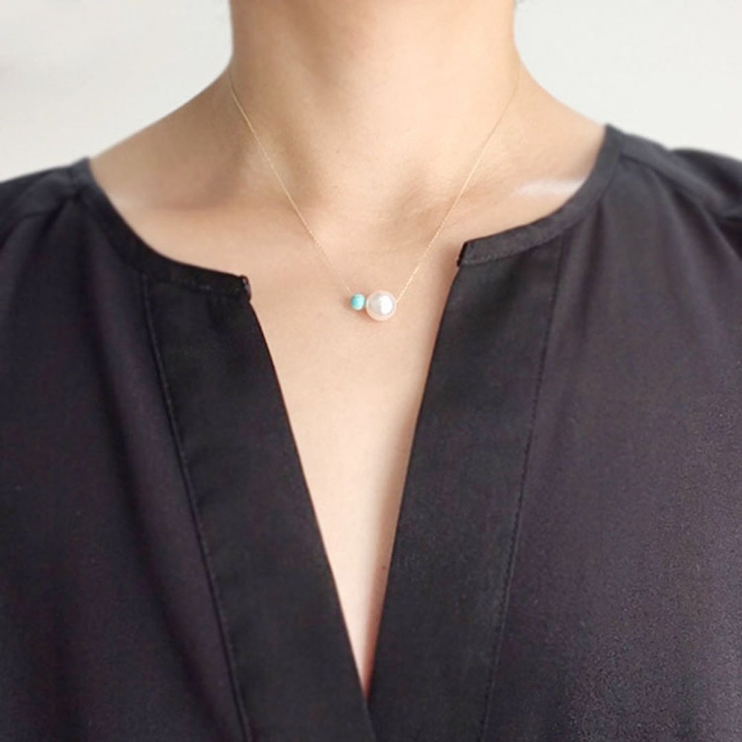 K10YG Akoya Pearl and Turquoise Necklace - 项链 - 珍珠 蓝色