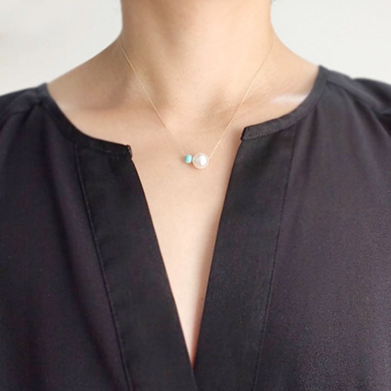 K10YG Akoya Pearl and Turquoise Necklace - 项链 - 珍珠 蓝色