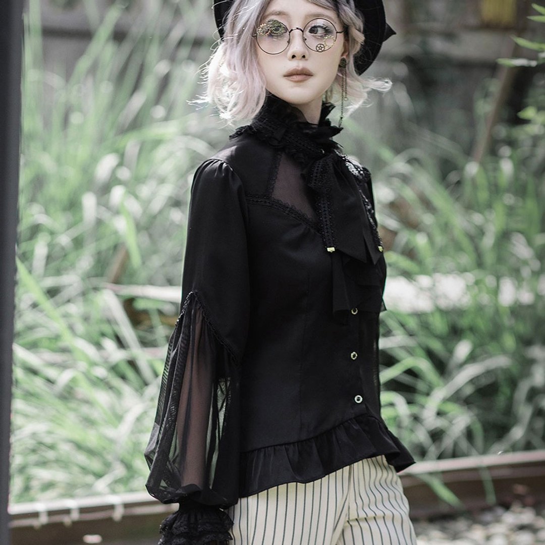 黑色蕾絲長袖襯衫 / 哥特宮廷上衣 / 荷葉邊收腰襯衣 - 女装衬衫 - 其他材质 黑色
