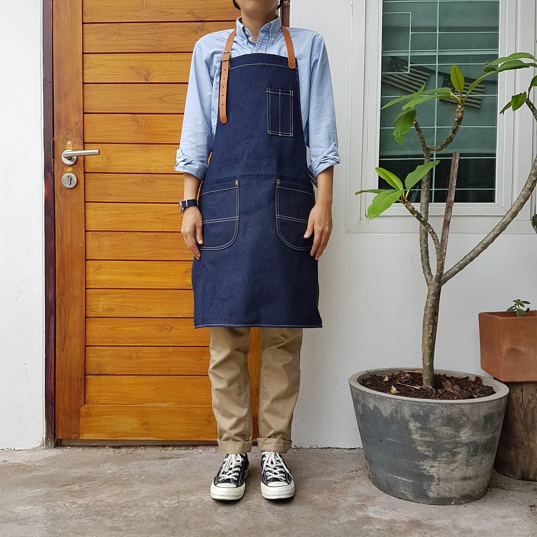 New Denim Apron w/Leather Copper rivets workwear/baristas/chefs/barbers Handmade - 围裙 - 棉 蓝色