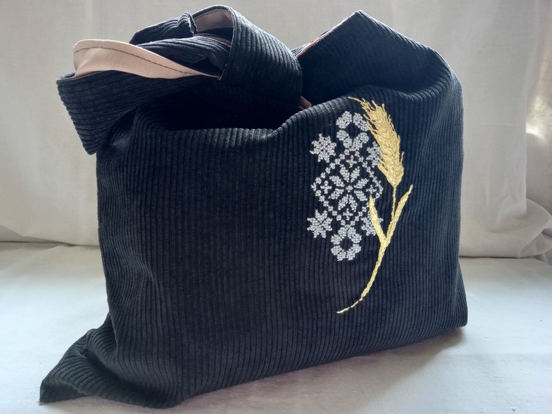 刺绣灯芯绒包 - 棕色灯芯绒包 - 手工制作 - 大型柔软包 - 时尚 - 手提包/手提袋 - 棉．麻 咖啡色