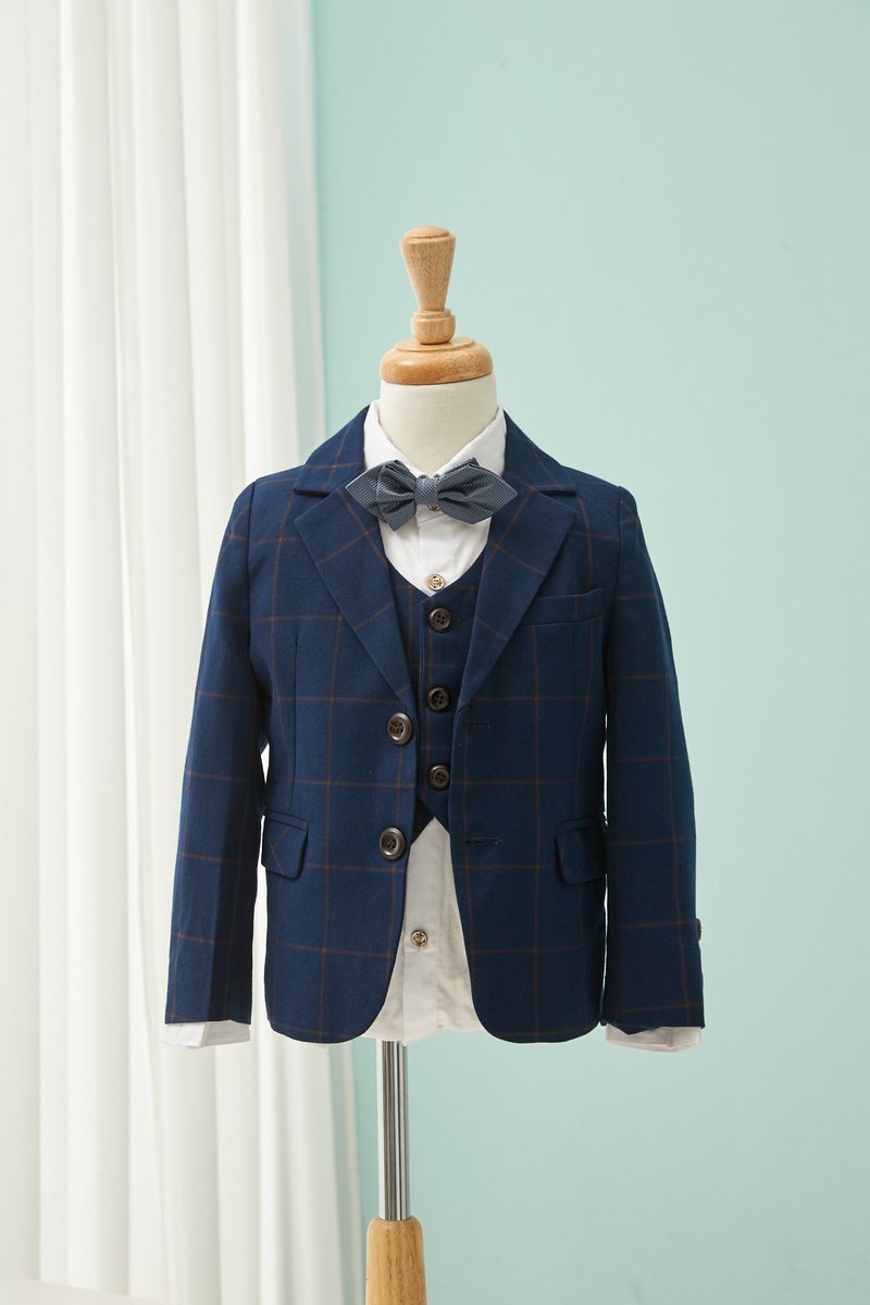 HAO.HAO kids 大方格纹西装-卡其格纹深蓝(三件组) - 童装礼服/连衣裙 - 其他材质 蓝色