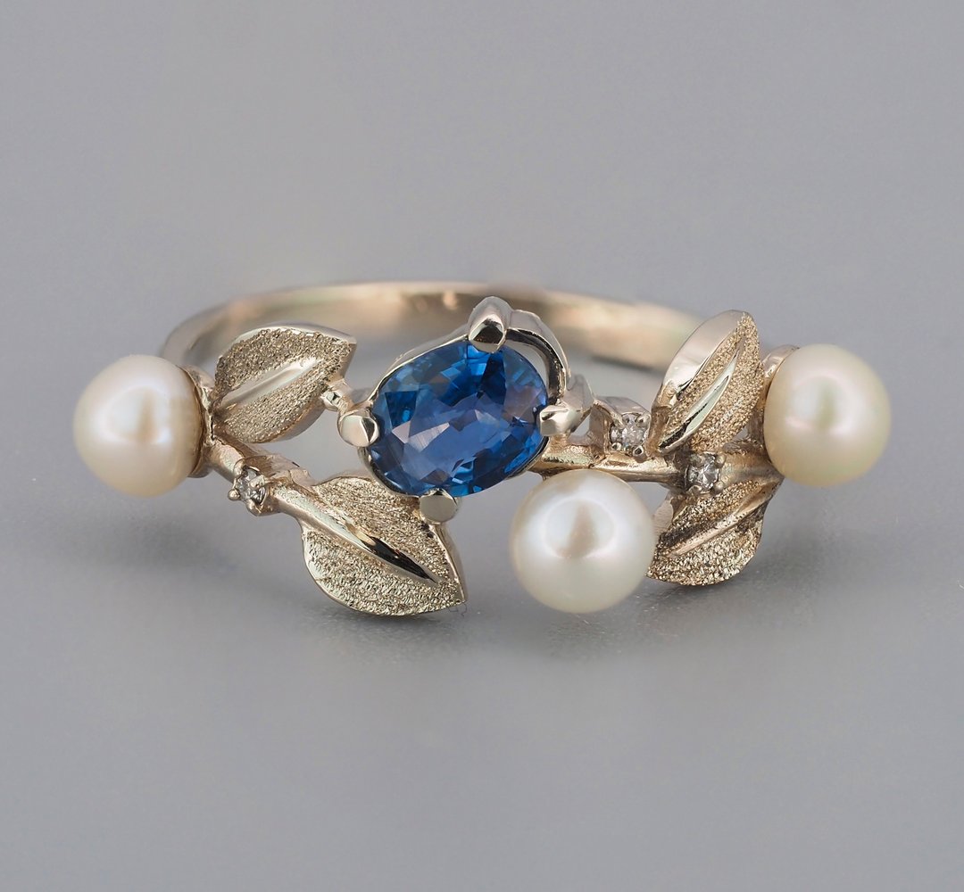 Natural floral ring with oval sapphire, diamonds and pearls - 戒指 - 贵金属 金色