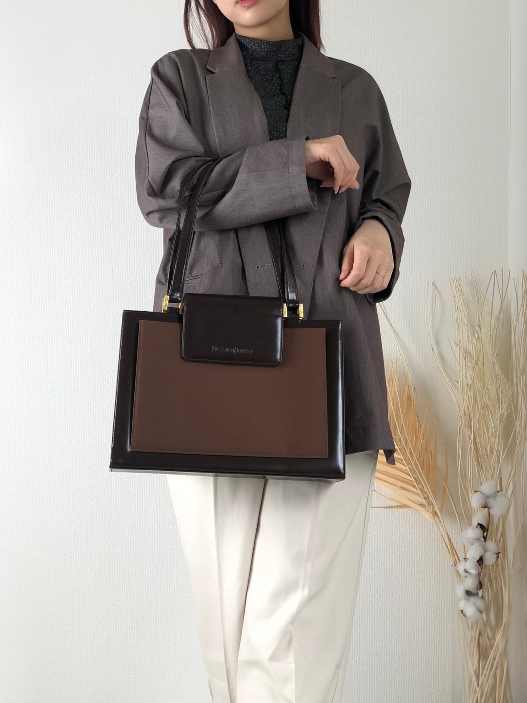 【日本直送，名牌二手包装】Yves Saint Laurent 品牌标志组合皮革手袋棕kyrr6n - 手提包/手提袋 - 真皮 咖啡色