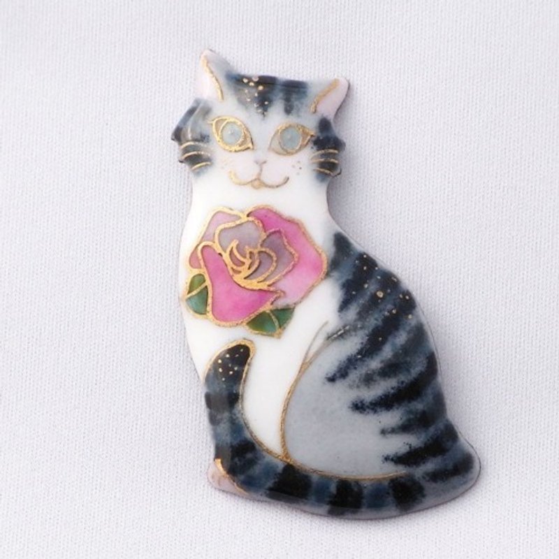 鲭虎猫 - 玫瑰花 - 景泰蓝胸针 - 胸针 - 其他金属 灰色