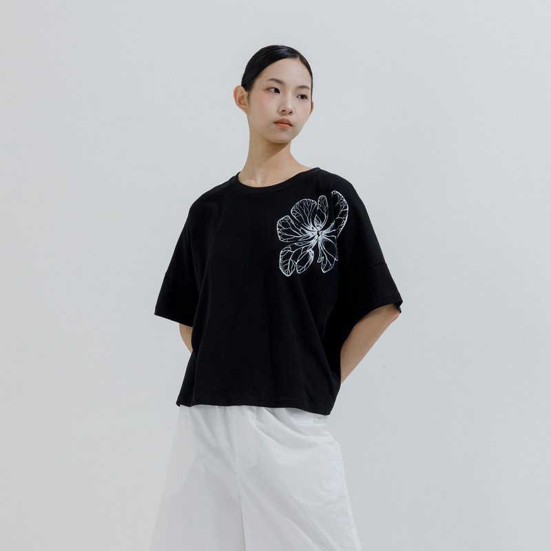 花瓣纹理印花T恤 - 女装 T 恤 - 棉 黑色