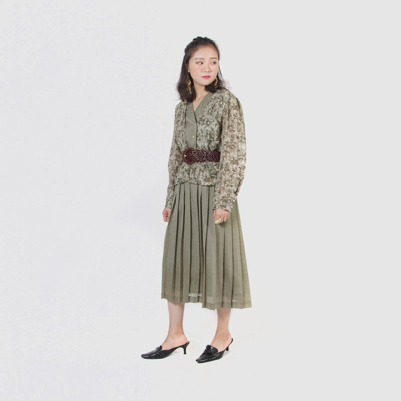 【蛋植物古着】绿意栀子印花古着洋装 - 洋装/连衣裙 - 聚酯纤维 绿色