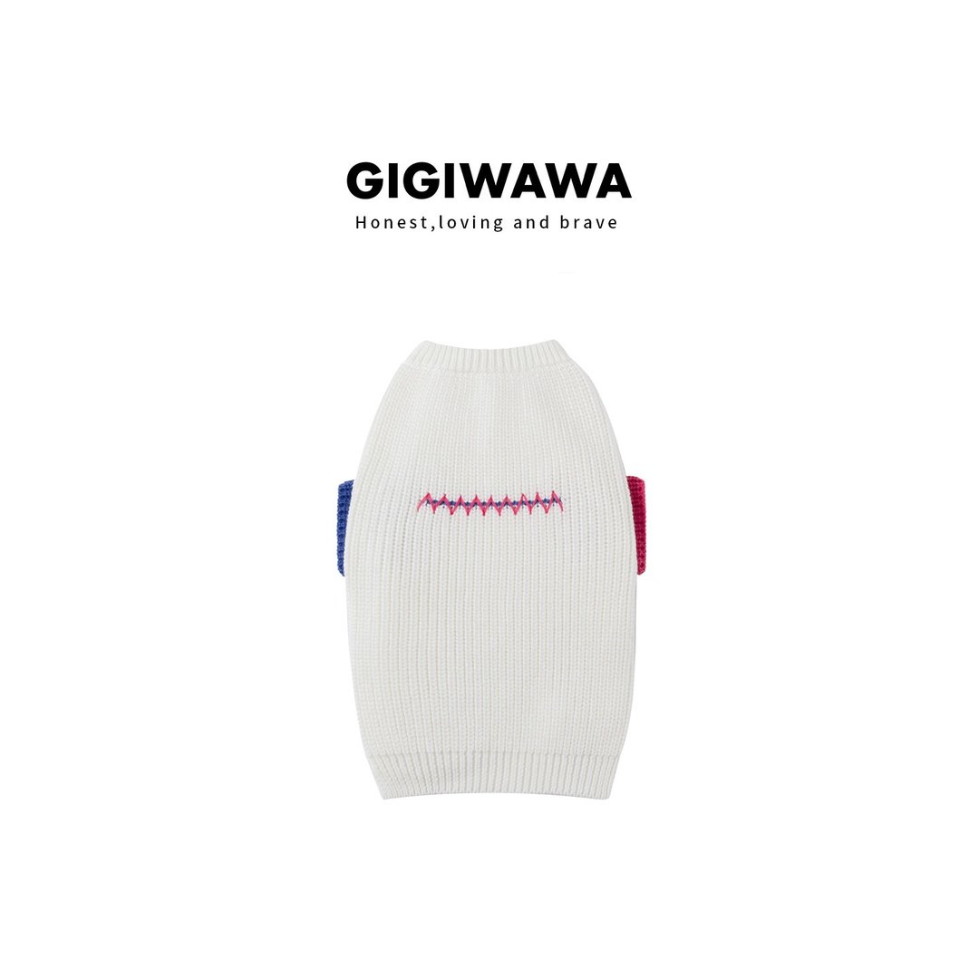 GIGIWAWA原创设计Urban系列宠物针织撞色毛衣 - 衣/帽 - 羊毛 白色