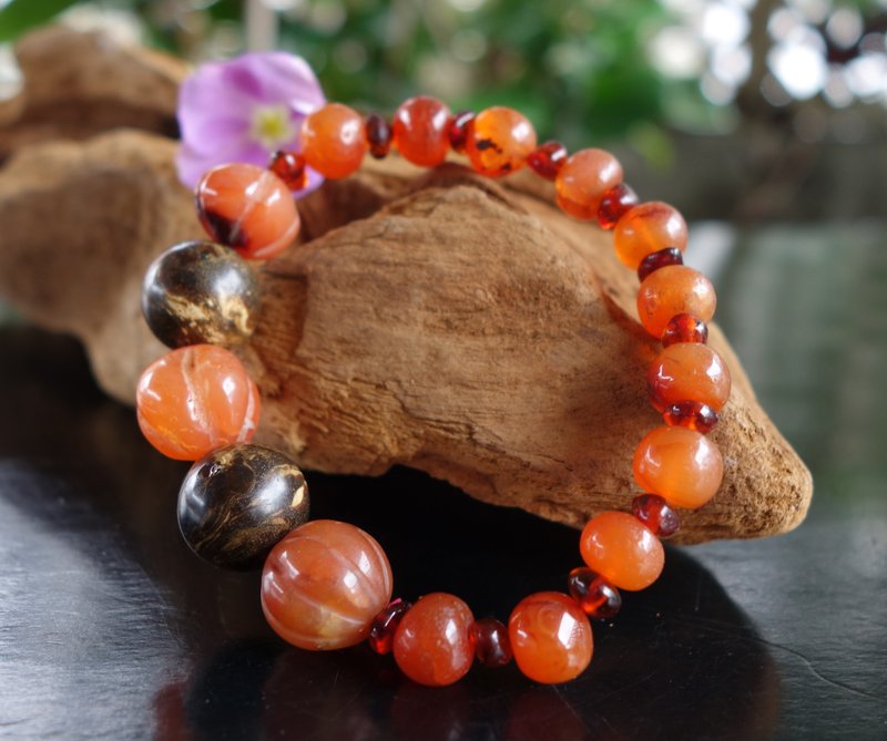 天然老南红玛瑙 南瓜珠 琥珀 Amber 花珀 老件 手链  21.8克 手串 - 手链/手环 - 玉石 红色