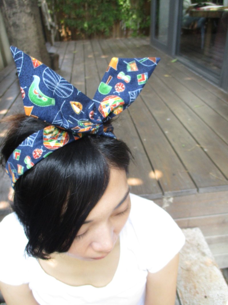 转转发带(手工)-领结耳-森林叶蓝 - 发饰 - 棉．麻 蓝色