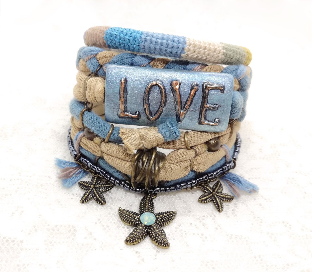 Beige Blue Bohemian Boho Bracelet Stack Starfish Charms - 手链/手环 - 棉 蓝色