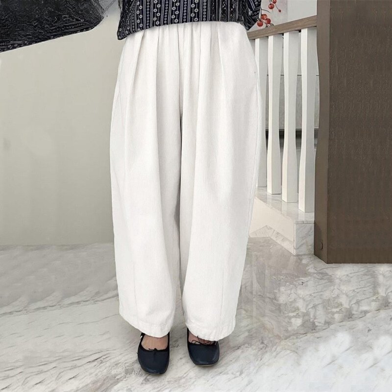 复古灯芯绒裤，宽松版型，宽裤管，松紧腰头 - 女装长裤 - 棉．麻 多色
