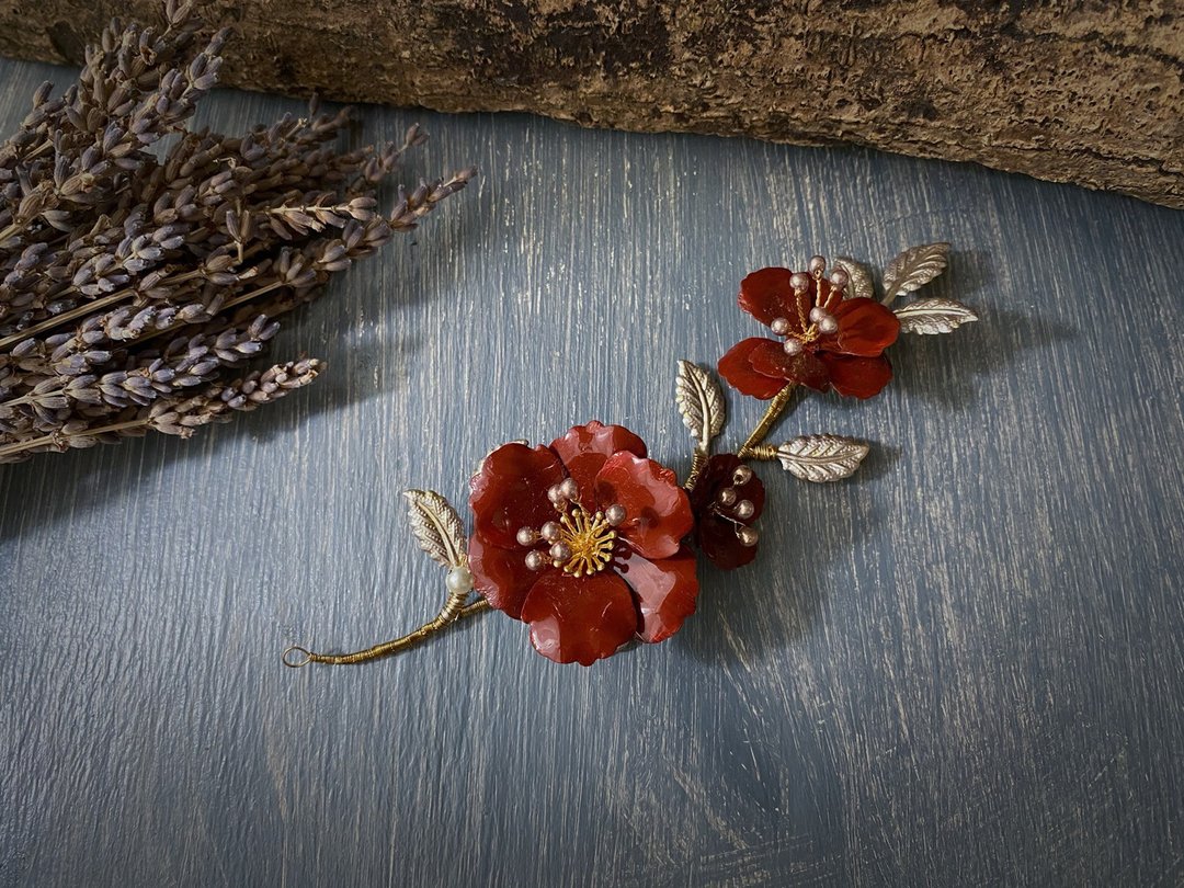 手工新娘饰品 红色山茶花手染铜发饰 - 双花款 - 发饰 - 铜/黄铜 红色