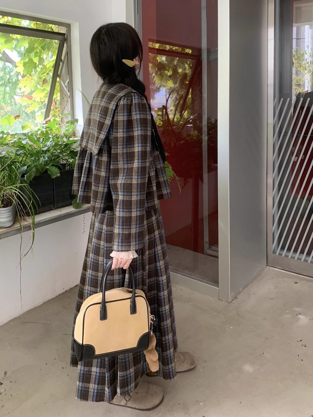 格紋套裝 日系娃娃衫上衣外套 長短款半身裙 古著感洋服 復古 - 女装上衣 - 羊毛 多色