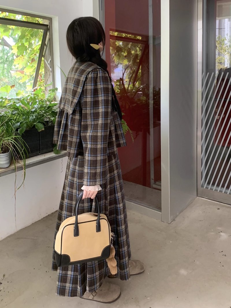 格紋套裝 日系娃娃衫上衣外套 長短款半身裙 古著感洋服 復古 - 女装上衣 - 羊毛 多色