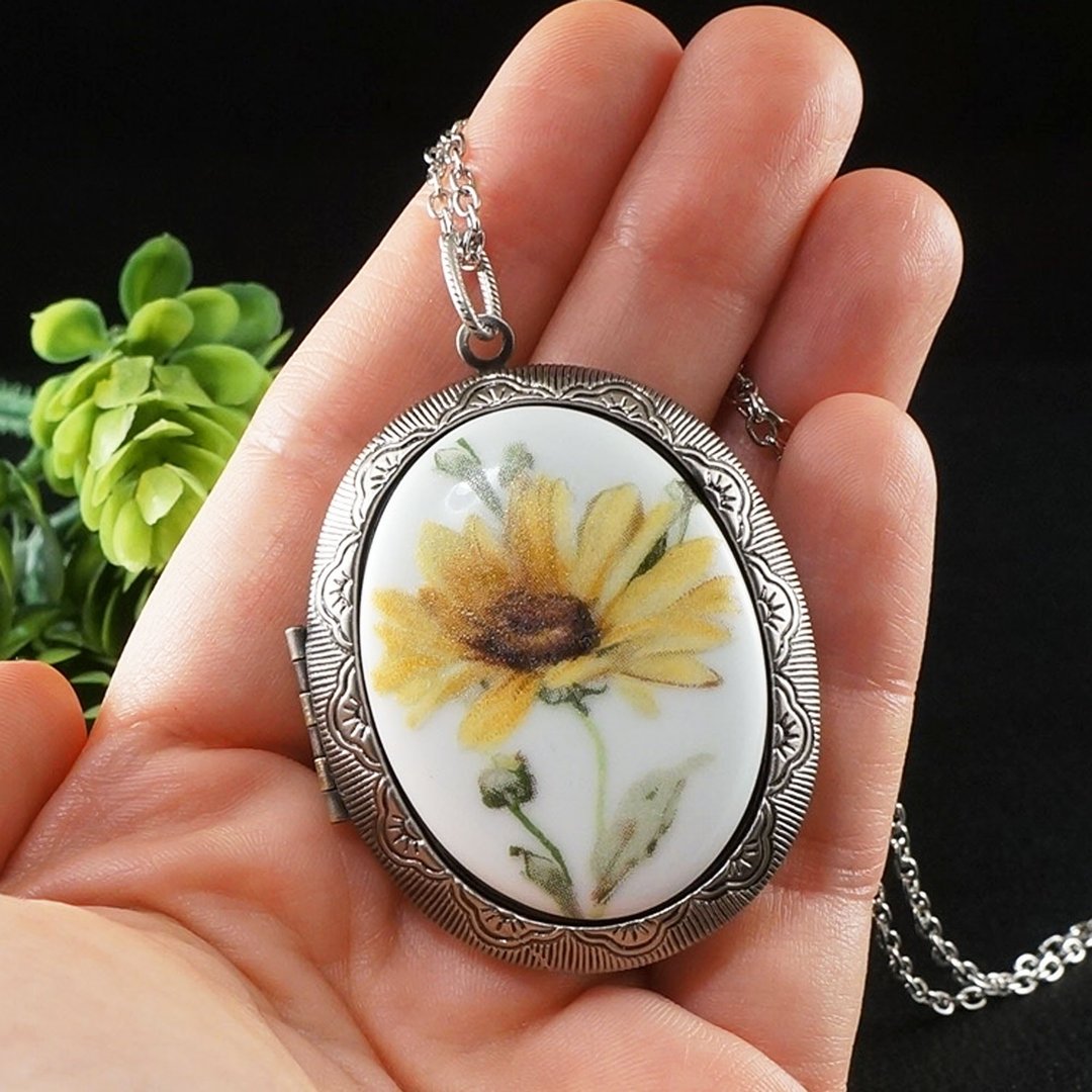 Yellow Flower Photo Locket Porcelain Cameo Silver Oval Pendant Necklace Jewelry - 项链 - 瓷 黄色