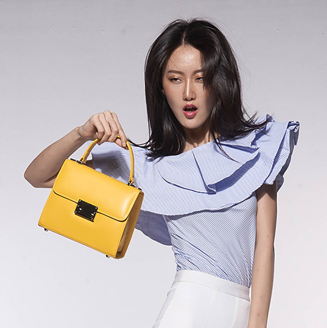 WOMEN MINIMAL STYLE ITALIAN LEATHER HAND BAG-YELLOW - 手提包/手提袋 - 真皮 黄色