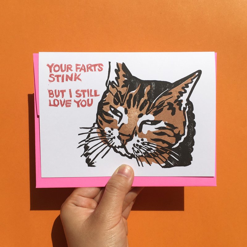 Hand-printed greeting card - Judgmental cat meme your farts stink still love you - 卡片/明信片 - 纸 