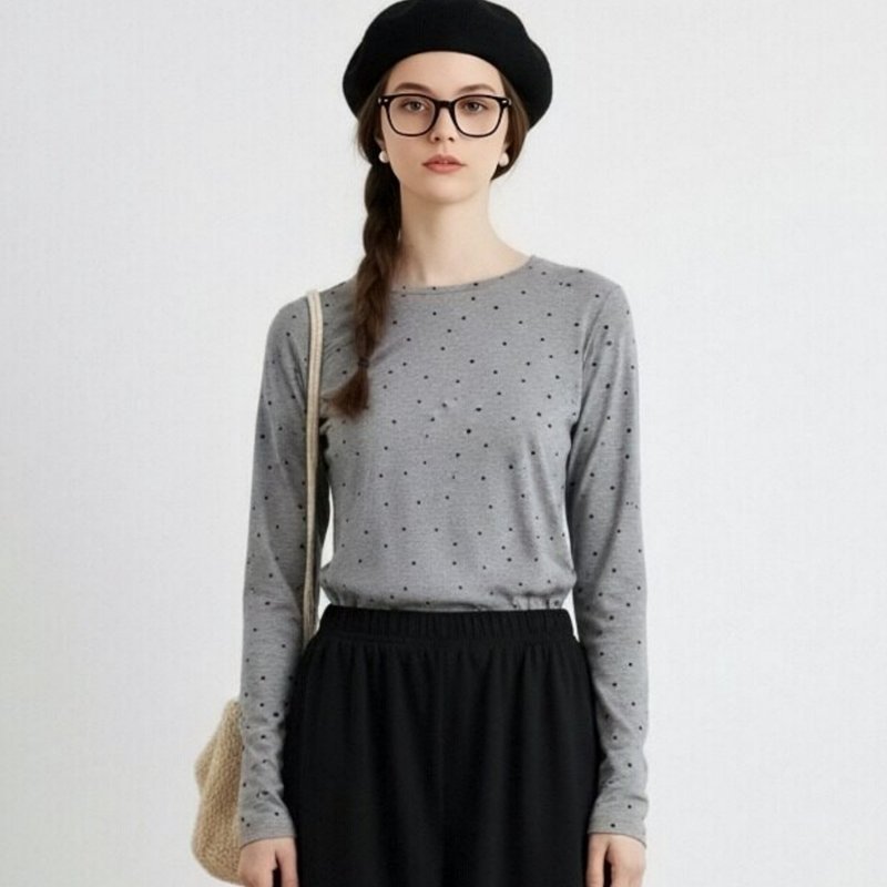 圆点长袖上衣・圆领内搭基础复古甜美 - 女装 T 恤 - 其他材质 灰色