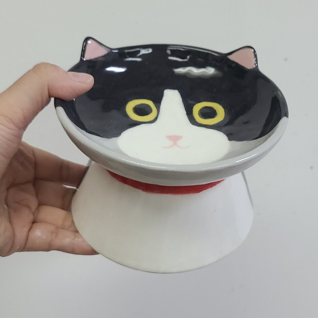 可爱手绘奔驰猫食盆或饰品盆 - 碗/碗架 - 陶 黑色