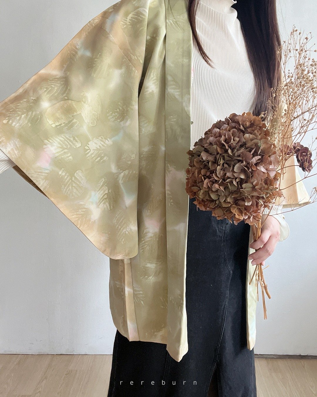 日本制和风印花黄绿色渐层古着羽织和服外套 - 女装休闲/机能外套 - 聚酯纤维 绿色