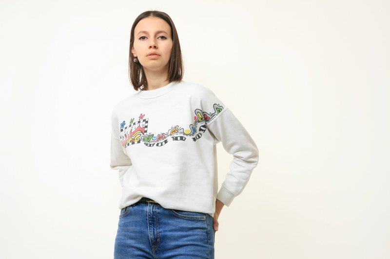 80s Vintage Graphic Print ADIDAS Woman White Sweatshirt size S - 女装针织衫/毛衣 - 棉．麻 白色