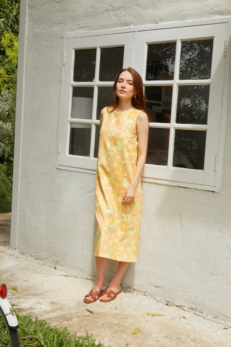 BIRUCHU YUZU BLOSSOM DRESS -削肩麻洋装 棉麻洋装黄色 花 - 洋装/连衣裙 - 棉．麻 橘色