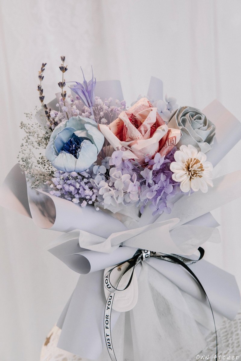 钞票花束/有钱花花束/钱花束/钞票蛋糕/生日礼物/已含现金300元 - 干燥花/捧花 - 植物．花 蓝色